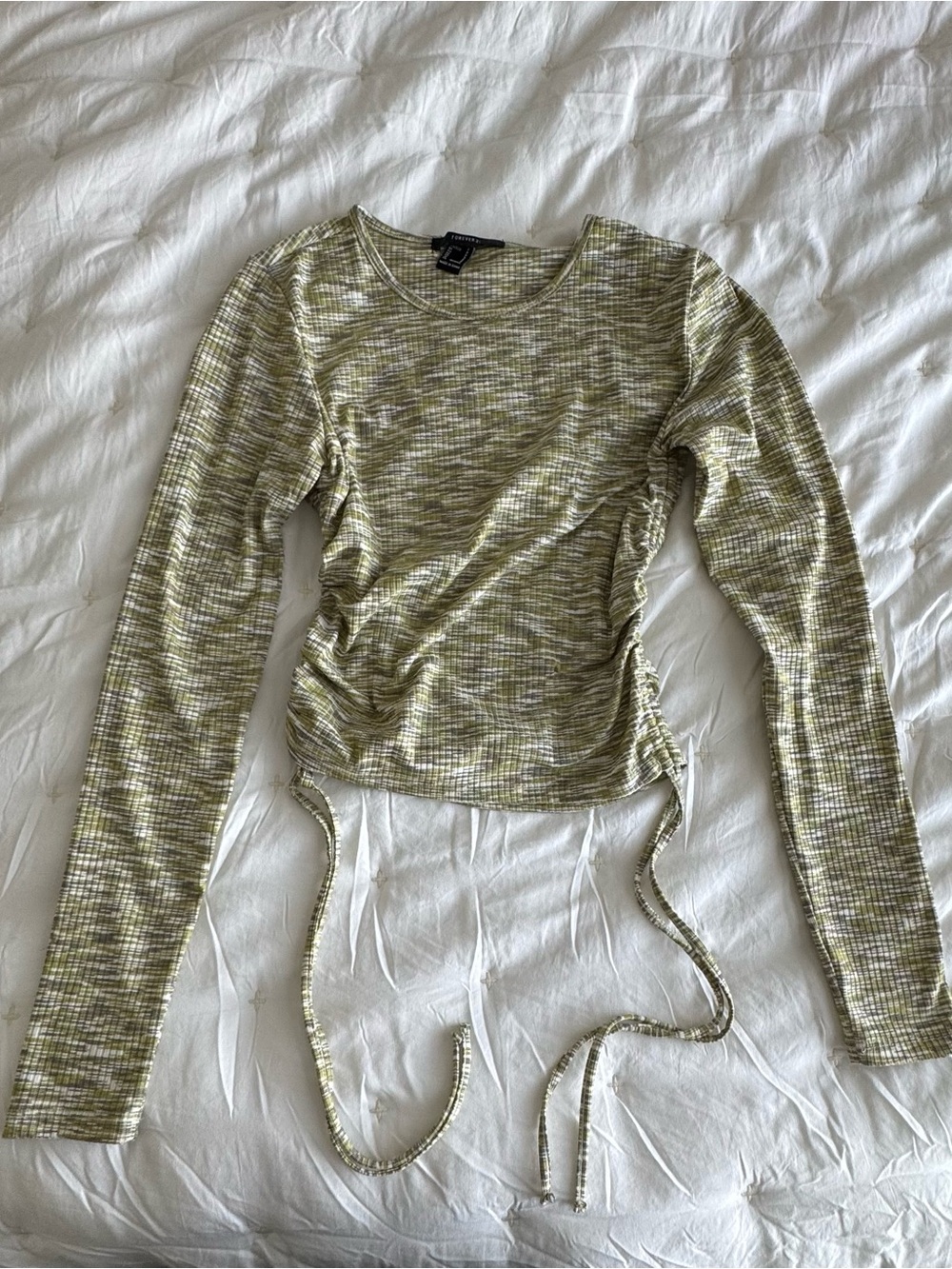 Long-Sleeve Ruched Knit Top in Olive, Yellow, Grey, White